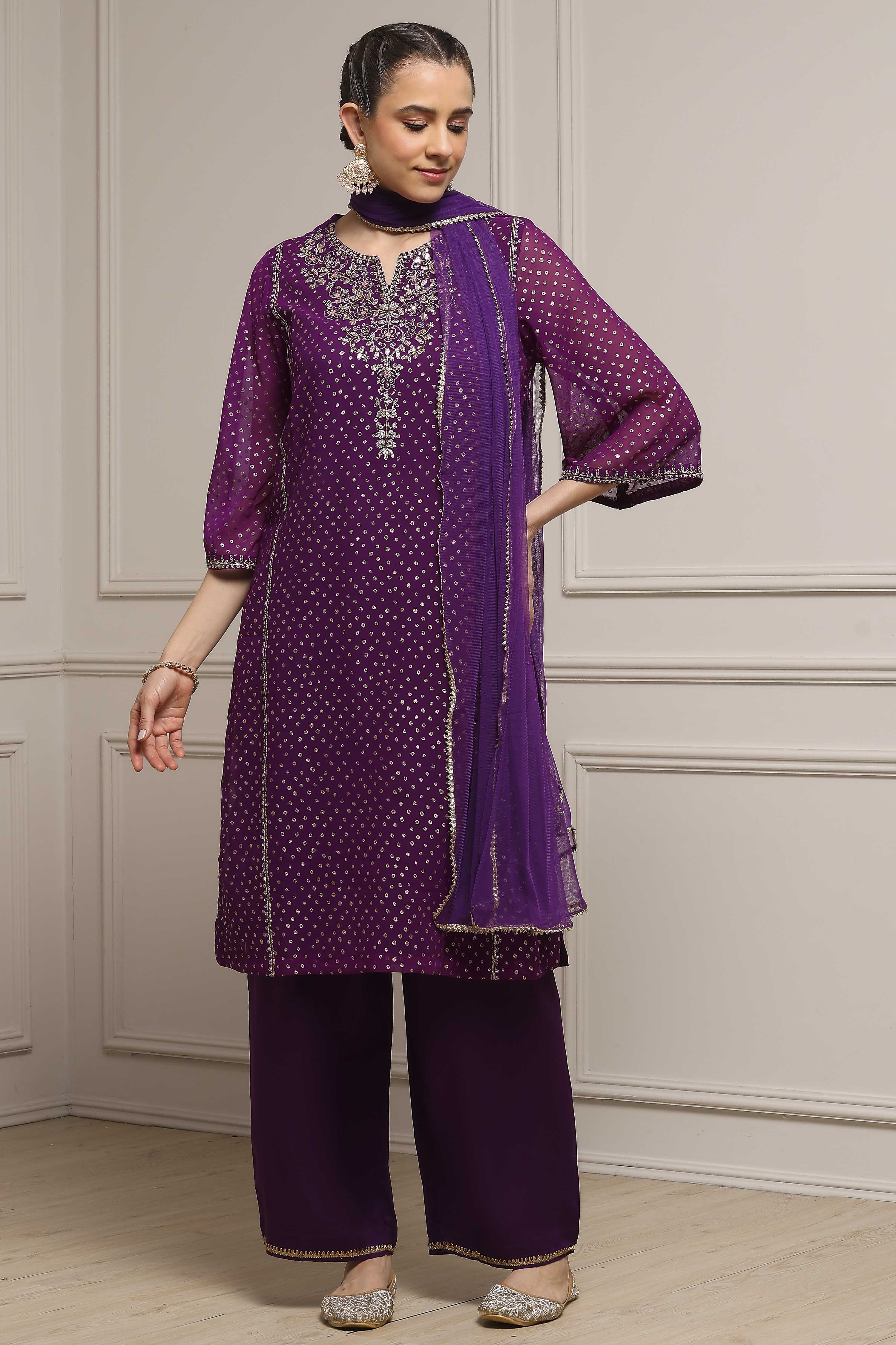 Purple Viscose Straight Printed Suit Set image number 5